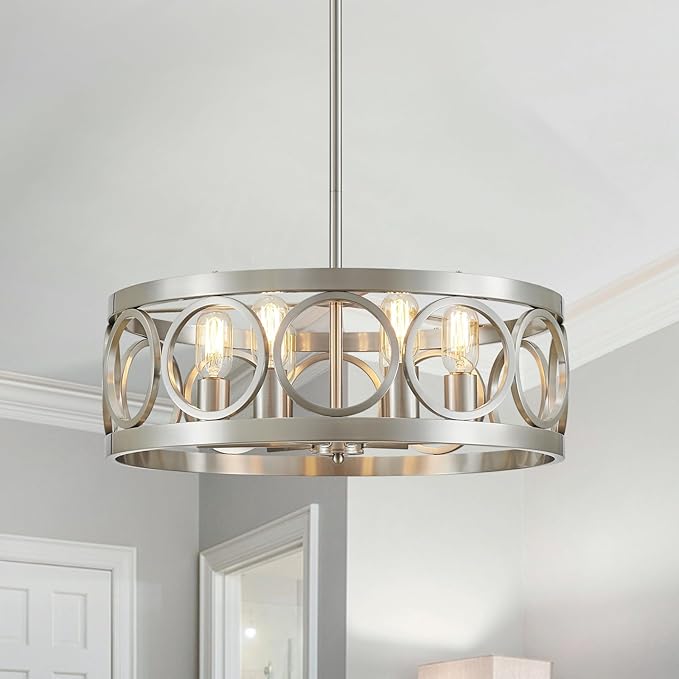 XINGQI 6-Light Modern Farmhouse Chandelier Brushed Nickel, 21.7'' Drum Ceiling Light Fixture for Living Dining Room Over Table with Round Metal Shade Pendant Lighting-Ruum Studio Home