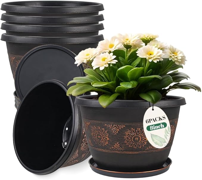 6 Pack 8 inch Plant Pots, Retro Pattern Planters with Drainage Holes and Saucer, Sturdy Plastic Garden Flower Pots for Indoor & Outdoor Plants-Ruum Studio Home