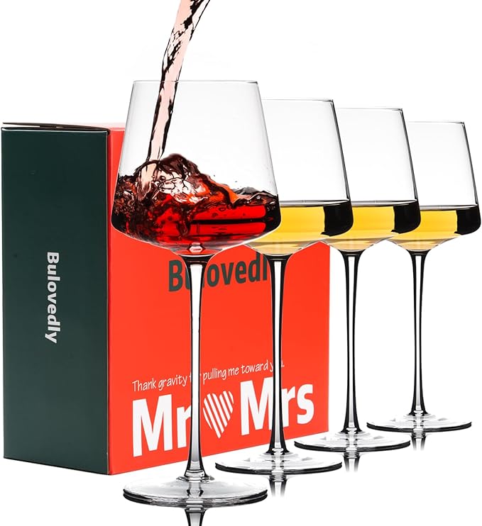 Hand Blown Red Wine Glasses Set of 4 – 23 oz Burgundy Wine Glasses With Long Stem – Large Premium Crystal Wine Glass – Unique Gift for Wedding, Anniversary, Mother’s Day – Clear Christmas, Birthday-Ruum Studio Home