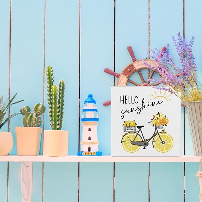 Lemon Decor Summer Decorations Hello Sunshine Wooden Sign Rustic Home Decor 5 x 5 Inches-Ruum Studio Home