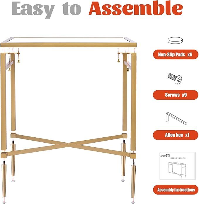 Gold End Table, Rectangle Side Table with Mirrored Top, Modern Metal End Table, Small Narrow Side Table for Living Room, Balcony, 22" L x 12.4" W x 24" D-Ruum Studio Home