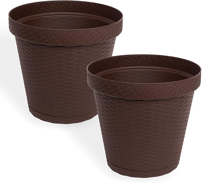 Elly Décor Set of 2 10 inch Round Saucer Modern Self Watering Planter Plates, Pots with Rattan-Like Finish, 10x10 chococlate Brown-Ruum Studio Home