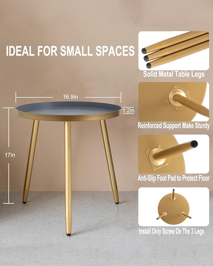 AOJEZOR Side Table: End Table for Indoor Use - Round Side Tables for Small Spaces - Grey Top 3 Legged Gold-Ruum Studio Home