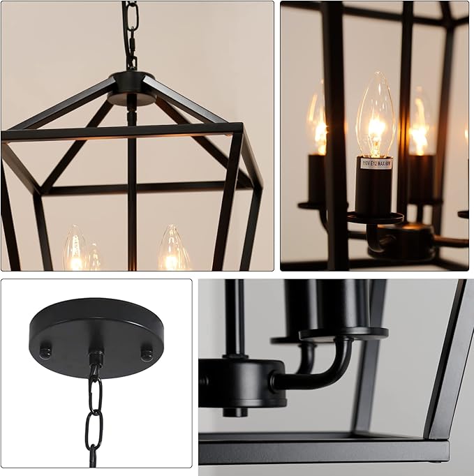 4-Light Lantern Pendant Light,Modern Industrial Black Cage Farmhouse Chandelier for Kitchen Island,12'' Rustic Metal Hanging Lighting Fixture for Dining Room Bedroom Foyer Entry Porch-Ruum Studio Home