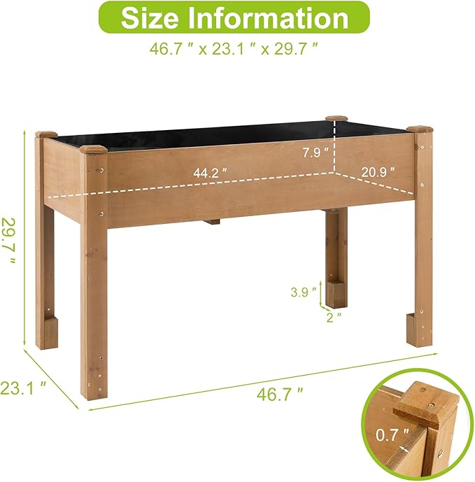 Outdoor Wood Raised Garden Bed- Elevated Planter Box with Legs, Durable Fir Wood, Reinforced Frame with Drainage Holes, Liner for Vegetables, Herbs, Flowers, 47" x 23"x 30"-Ruum Studio Home