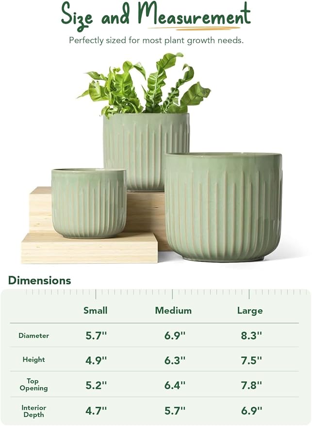 LE TAUCI Fluted Ceramic Planters Set of 3 – 8.3/7 / 5.7 in Sage Green Reactive Cylinder Indoor Plant Pots with Drainage Plug & Mesh, Glossy Stoneware Flower Pots for Succulents Herbs-Ruum Studio Home