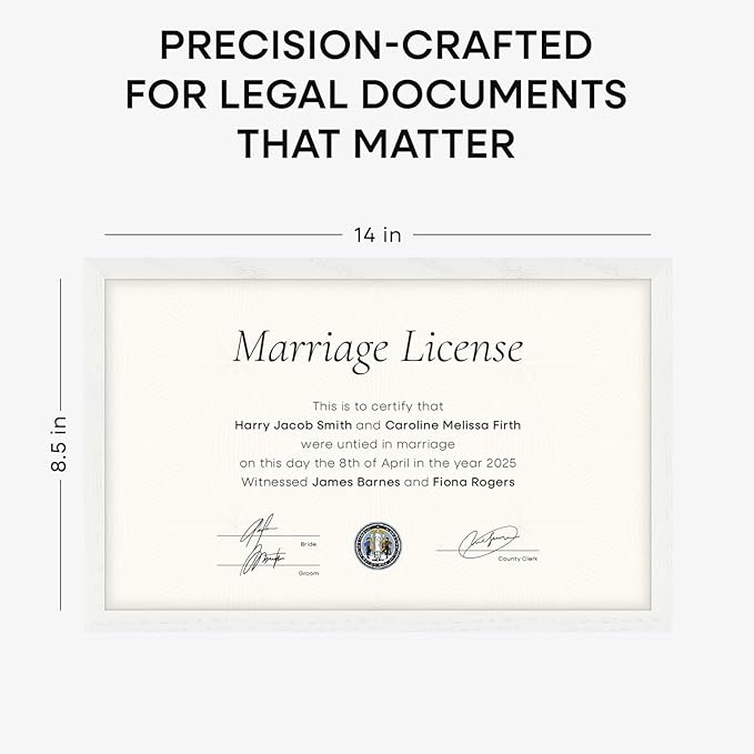 Homeforia 8.5x14 Marriage License Frame White, High End Oak 8.5x14 Certificate White Wood Frames, 8.5by14 Wooden Frame for Wall & Tabletop, 8.5 by 14 Picture Frames, Tempered Glass, Wall Kit, Set of 1-Ruum Studio Home