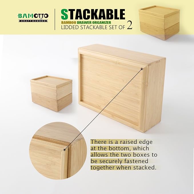 Stackable Bamboo Drawer Organizer Set – 2 Boxes with 1 Lid | Wood-Laminated Trays for Kitchen Utensils, Silverware & Flatware – Storage Fits Cabinets, Pantry, Bathroom & Office | 10.2"x7.3" (2-Pack)-Ruum Studio Home