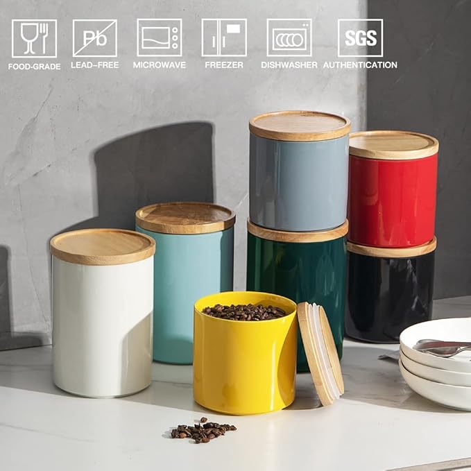 Sweejar Kitchen Canisters Ceramic Food Storage Jar, Stackable Containers with Airtight Seal Wooden Lid for Serving Coffee Bean, Flour, Tea, Cookies and More - 58 Fl Oz (Dark Turquoise)-Ruum Studio Home