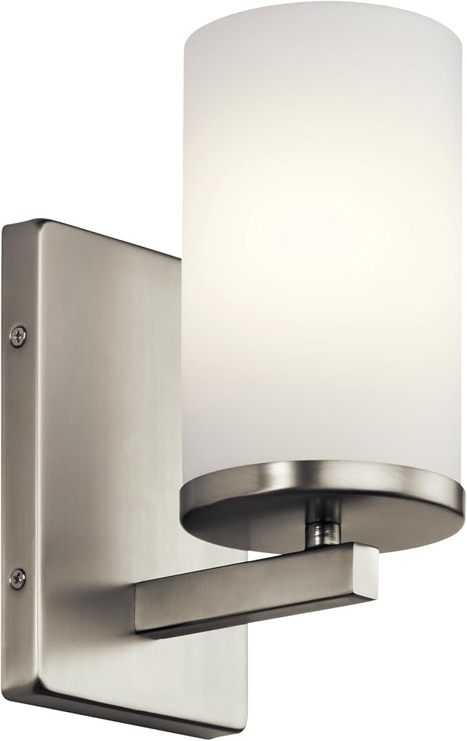 Kichler Crosby 9.25" Wall Sconce in Brushed Nickel, 1-Light Contemporary Hallway or Bathroom Light with Satin Etched Cased Opal Glass, (9.25" H x 4.5" W), 45495NI-Ruum Studio Home