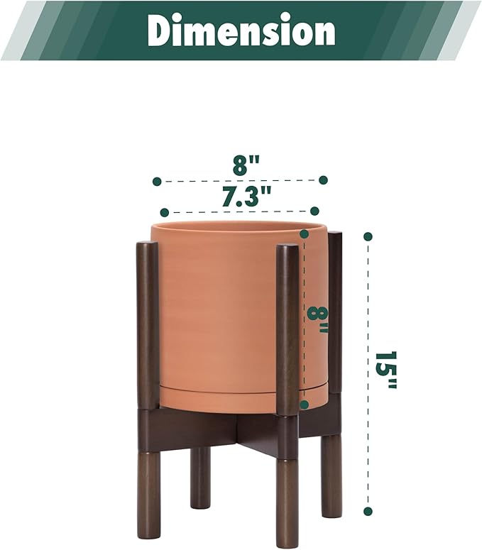 D'vine Dev Terracotta Planter with Walnut Color Stand - 8 Inch Modern Round Flower Pot with Wood Planter Holder, Terracotta, 55-B-Y-5-Ruum Studio Home
