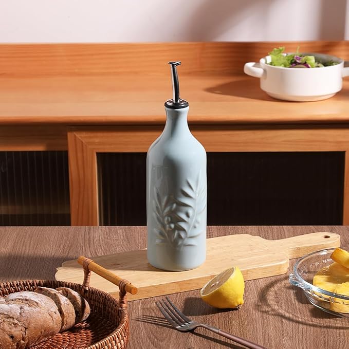 Sweejar Ceramic Olive Oil Dispenser Bottle, 20 Oz Relief Opaque Oil Cruet Protects Oil To Reduce Oxidation, Suitable for Storage Oil, Vinegar, Soy Sauce, Coffee Syrup, Liquids, Set of 1 (Light Blue)-Ruum Studio Home