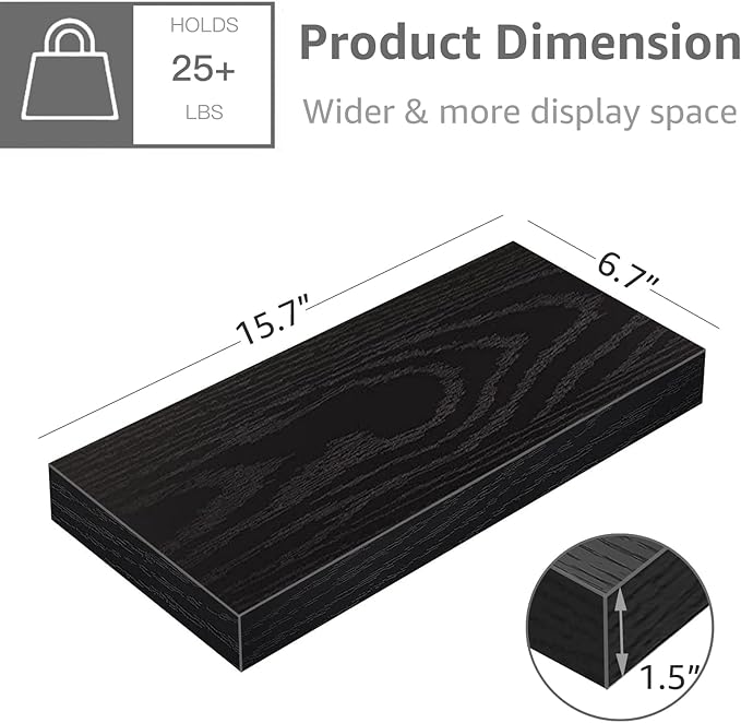 QEEIG Floating Shelves for Wall Bathroom Shelf Bedroom Kitchen Living Room Farmhouse Small Book Shelf 16 inch Set of 4, Black (015-B4)-Ruum Studio Home