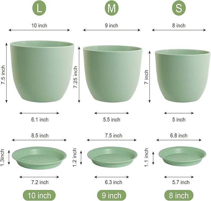 Medium Plant Pots 10/9/8 inch, Flower Pots for Indoor Outdoor Plants, Set of 3 Modern Decorative Plastic Planters with Drainage Holes and Saucers for House Porch Garden Plants, Green-Ruum Studio Home