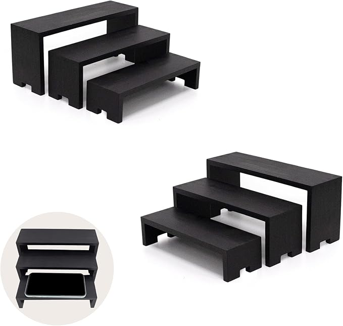 Display Wood Risers Wooden Stand 3 Tier Black Wood Racks Decorative Rectangular, 2 Set 6 Piece Cupcake Stands Cologne Perfume Organizer Dessert Showcase(Black)-Ruum Studio Home