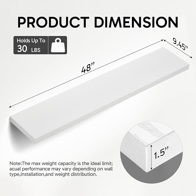 BAYKA Floating Shelves, 48 inches Long Heavy Duty Wall Mounted Rustic Wood Shelves for Bathroom, Bedroom, Living Room, Kitchen, Office, Hanging Shelf for Books/Storage/Decor(White,Set of 2)-Ruum Studio Home