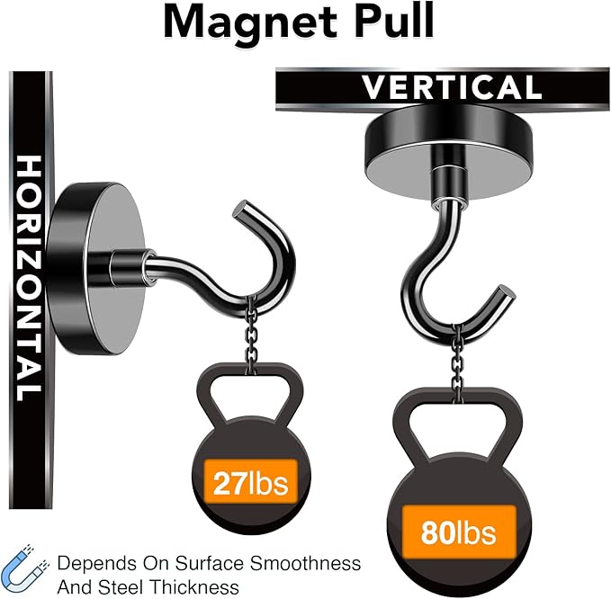 MIKEDE Black Magnetic Hooks, 80Lbs Heavy Duty Earth Magnets with Hooks for Cruise Cabin, Strong Magnet Hooks for Hanging, Super Metal Magnetic Hanger for Grill, Fridge, Kitchen - Pack of 10-Ruum Studio Home