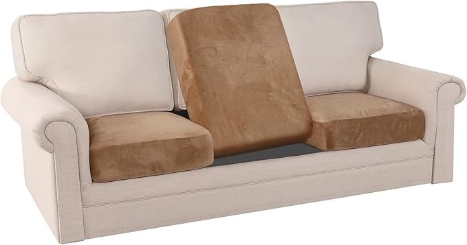 PrinceDeco Super Soft Couch Cushion Covers for Sectional Couch, Velvet Sofa Slipcover for Cushion Sofa pet Friendly with Elastic Bottom(Each Width Up to 29.5", Camel)-Ruum Studio Home