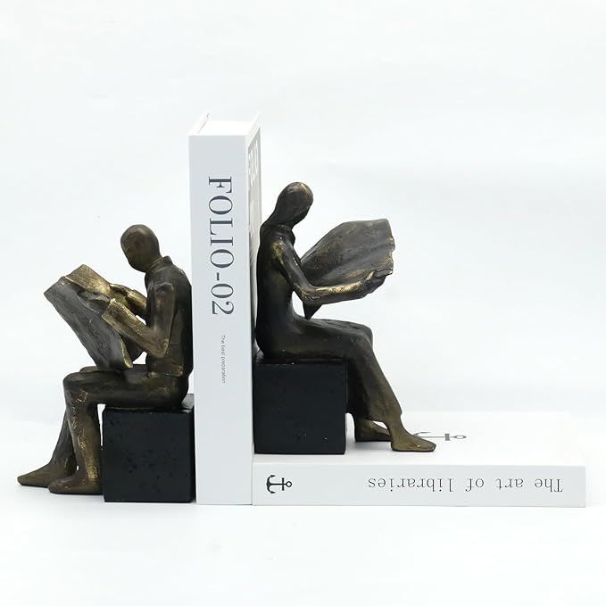 Lukitas Decorative Newspaper Reader Bookends, Heavy Duty Book Holder Non-Slip, Vintage Home Décor Accessories for Study Office Bookshelf, Bronze, Resin, 1Pair/2Piece-Ruum Studio Home