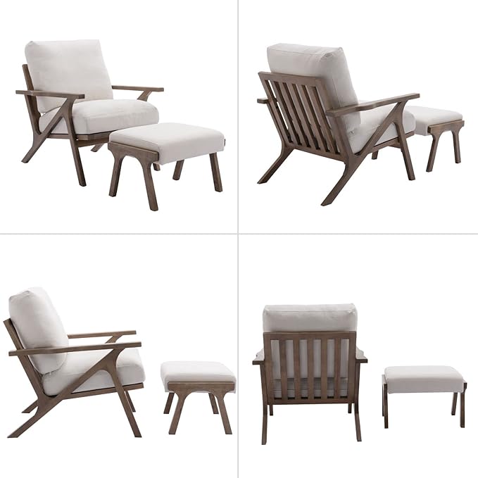 Mid Century Modern Accent Chair with Ottoman, Farmhouse Linen Upholstered Living Room Armchair and Ottoman Set, 23" Seat Wide Retro Leisure Lounge Chair with Wood Frame for Home, Bedroom, White-Ruum Studio Home