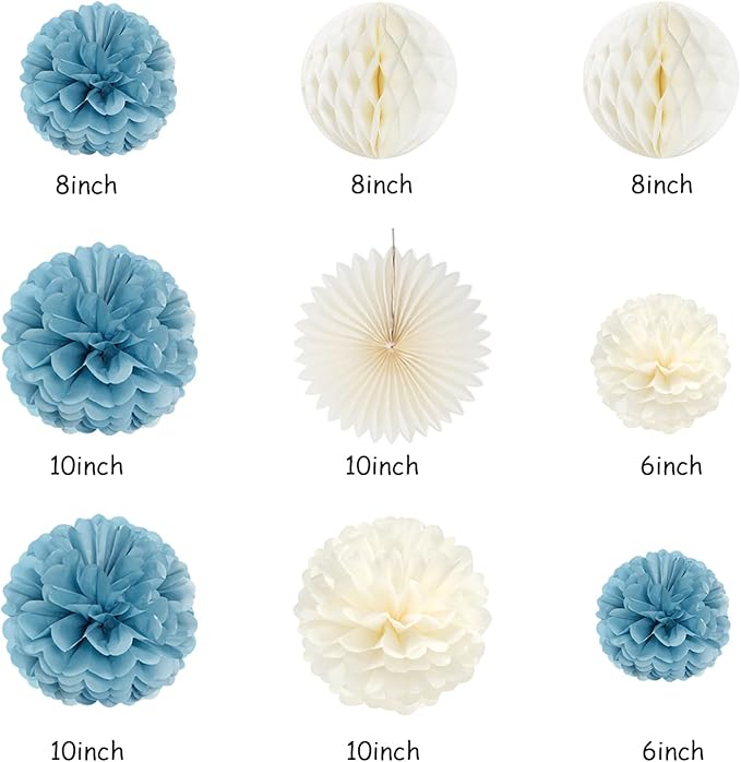 Dusty-Blue White Birthday Party-Decorations Paper-Flowers - 14pcs Happy Banner Boy Lanterns Tissue Pom Poms,Men Streamers Garland Fans Honeycomb,Baby Teen Male Kids Hanging Supplies Decor Hugfond-Ruum Studio Home