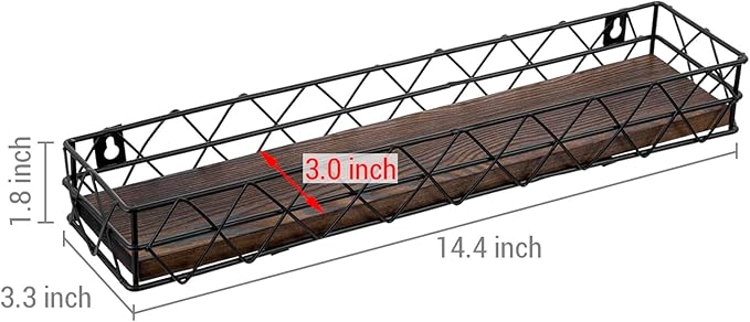 MyGift 14 Inch Wall Mounted Kitchen Spice Racks, Rustic Burnt Solid Wood and Black Metal Wire Geometric Hanging Organizers for Seasoning Jars or Condiment Bottles, Set of 3-Ruum Studio Home