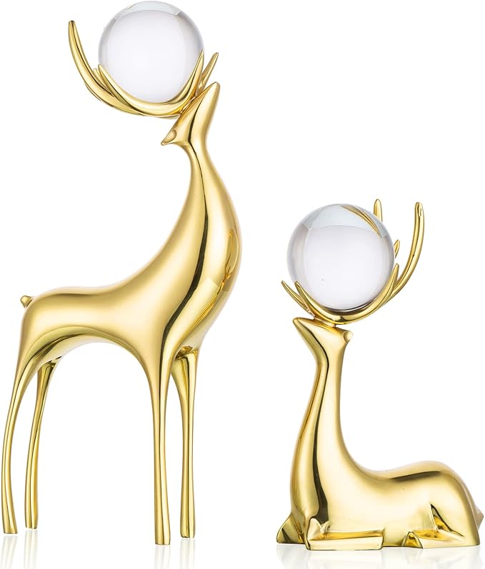 Sziqiqi Brass Reindeer Sculptures Animal Figurine Statues Christmas Deer Pure Copper Heavy Reindeer Ornaments for Home Decor Accents Living Room Office Bookself Tabletop Mantle Decoration-Ruum Studio Home
