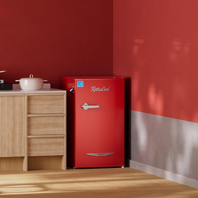 Upstreman 3.2 Cu.Ft Retro Mini Fridge with Bottle Opener, Energy Saving, Adjustable Thermostat, Metal Handle, LED Lamp, Mini Refrigerator for Bedroom, Office, Dorm-BR321 PRO (Red)-Ruum Studio Home