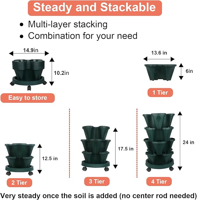 Vertical Planter 4 Tier Stackable Planters Garden Planters Strawberry Herb Flower and Vegetable Planter Indoor Outdoor Gardening Pots with Removable Wheels and Tools 2-Pack-Ruum Studio Home