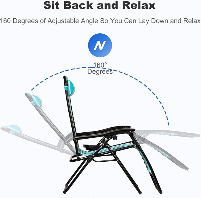 Nazhura Set of 2 Relaxing Recliners Patio Chairs Adjustable Steel Mesh Zero Gravity Lounge Chair Beach Chairs with Pillow and Cup Holder (Light Blue Stripe)-Ruum Studio Home