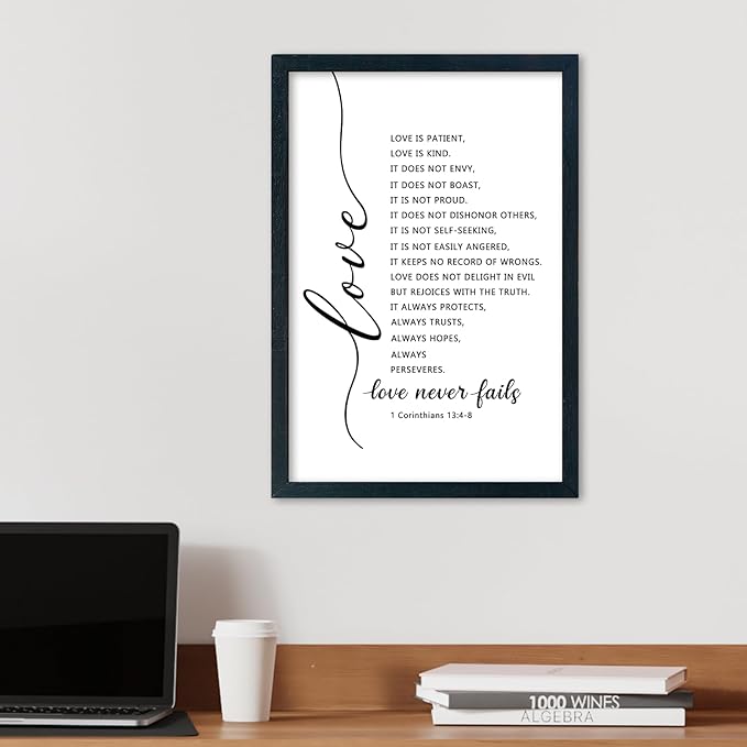 LuZhiQiang Love Is Patient Kind Wall Art 16"×11" Love Never Fails Sign 1 Corinthians 13 Bible Verse Wood Framed Wall Hanging Decor (Black)-Ruum Studio Home