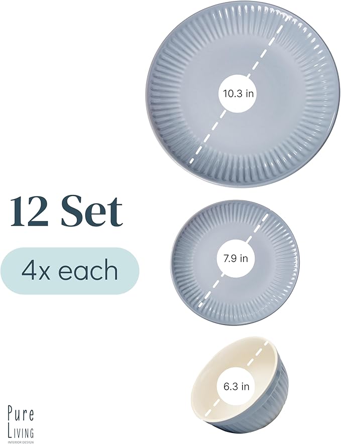 Stoneware Dinnerware Set for 4 People HYGGE 12-Piece - Elegant Scandi Design - Premium Dish Set - Bowl and Plate Set - Tableware for 4 People in a Ribbed Design - Pure Living in Gray-Blue-Ruum Studio Home