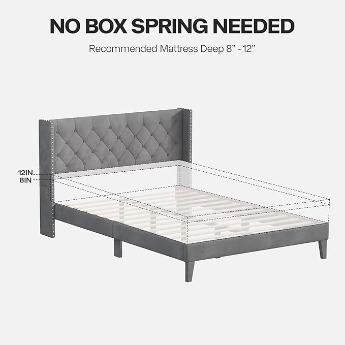 Full Size Bed Frame with LED Lights, Upholstered Bed Frame with Wingback Diamond Tufted Headboard, Wood Slats Support, Noise-Free, Easy Assembly, No Box Spring Needed, Grey-Ruum Studio Home