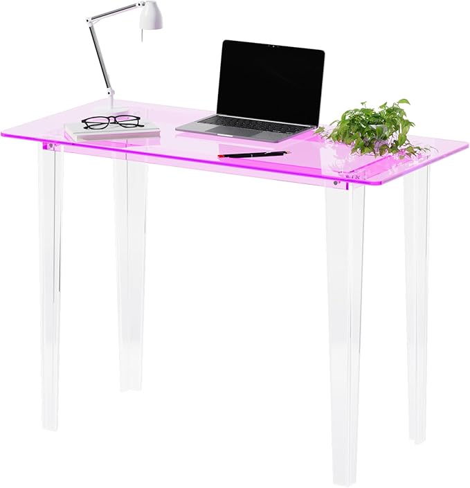 Acrylic Desk, Modern Study Table for HomeOffice-Extended Surface Multi-Purpose Console & EntrywayTable, Sturdy Lightweight Design（(42.5-inch, Pink)-Ruum Studio Home