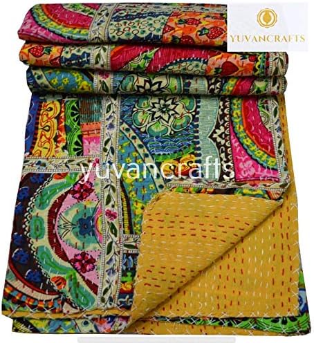 YUVANCRAFTS Patchwork Cotton Kantha Quilt - Indian Traditional Handmade Bedding Vintage Multi Color Quilt Blanket (Twin (60"x90"), Multi Patch 1)-Ruum Studio Home