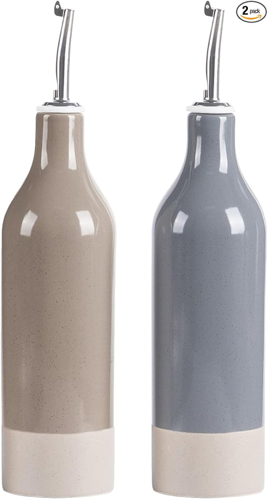 famiware Milkyway 16oz Ceramic Olive Oil Dispenser Bottle, Olive Oil and Vinegar Dispenser Bottle Set of 2 with Stainless Steel Pourers, Suitable for Storage Liquids, Dark Gray and Cinnamon Brown-Ruum Studio Home