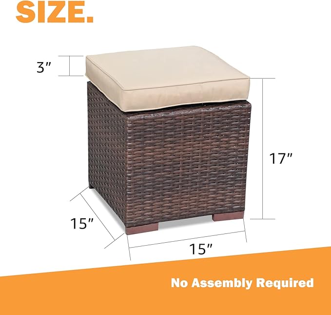 Patiorama 2 Pieces Assembled Outdoor Patio Ottoman, Indoor Outdoor All-Weather Dark Brown Wicker Rattan Outdoor Footstool Footrest Seat with Beige Cushions, No Assembly Required-Ruum Studio Home