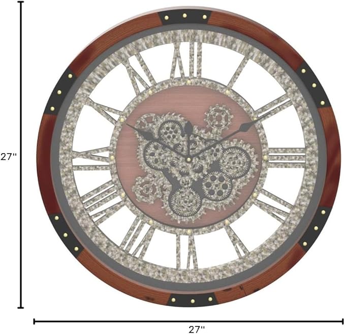 DORBOKER 27" Original Moving Gears Wall Clock, Large Industrial Wall Clock for Living Room Decor, Retro Metal Solid Wood Vintage Farmhouse Steampunk Rustic Clocks for Wall Decor,Black Walnut-Ruum Studio Home