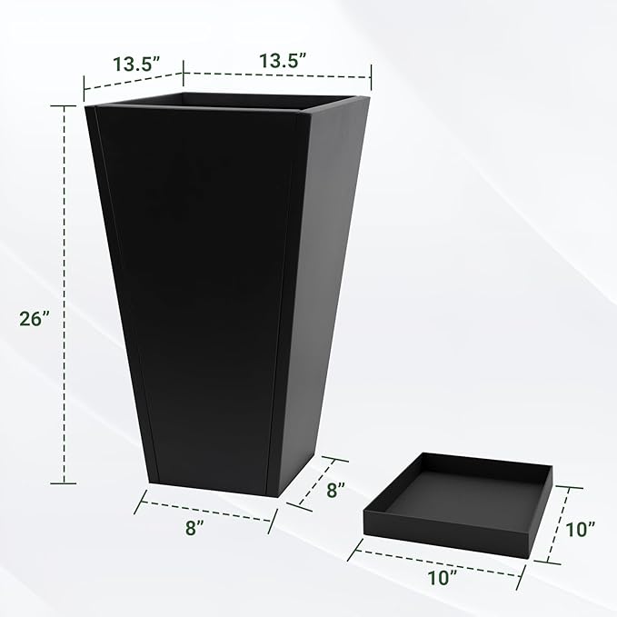 Tall Metal Planter 26" H - 2 Pack, Tall Planters with Removable Insert Shelve & Saucer Trays, Metal Outdoor Planters for Porch, Garden, Patio, Yard(Black)-Ruum Studio Home