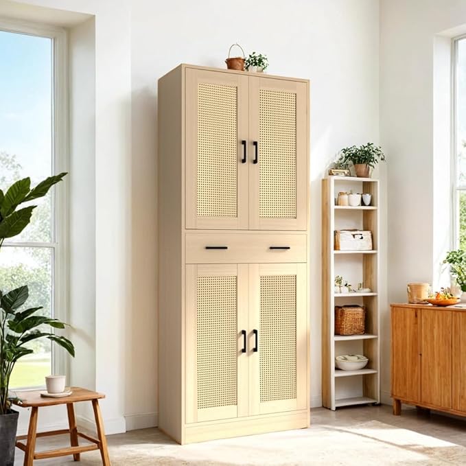 71" Tall Oak & Rattan Pantry Cabinet - Boho Chic Kitchen Storage with Doors & Drawer for Dining Room, Hallway or Kitchen Organization-Ruum Studio Home
