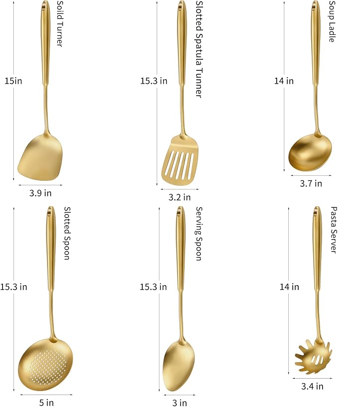304 Stainless Steel Cooking Utensils,6 Pcs Kitchen Cooking Utensils Set with Spatula, Solid Spoon, Ladle, Skimmer, Spaghetti Spoon,Dishwasher Safe(Gold)-Ruum Studio Home