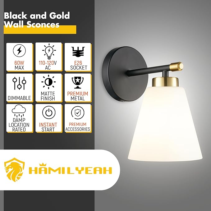 Hamilyeah Black and Gold Wall Sconces Set of 2, Modern Industrial Bathroom Sconces Wall Lighting with Milk Glass Shade, Wall Sconce Lighting Fixture for Living Room, Kitchen, Fireplace, Hallway-Ruum Studio Home