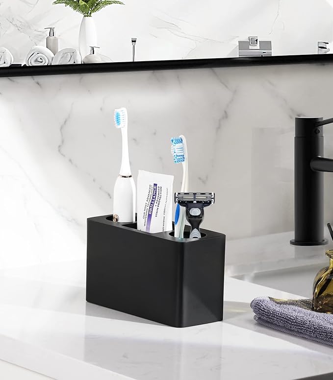 Luxspire Toothbrush Holder, 3 Slots Electric Toothbrush and Toothpaste Holder, Resin Bathroom Countertop Storage Bathroom Accessories Toothbrush Stand for Vanity Counter Organizer Caddy - Black-Ruum Studio Home