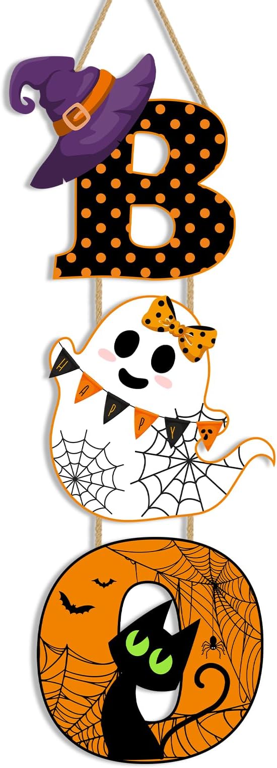 Britimes BOO Halloween Door Sign for Front Door, Halloween Cute Ghost Black Ghost Wall Decorations Wooden Hanging Signs for Home Wall Porch Outdoor Party Decor-Ruum Studio Home