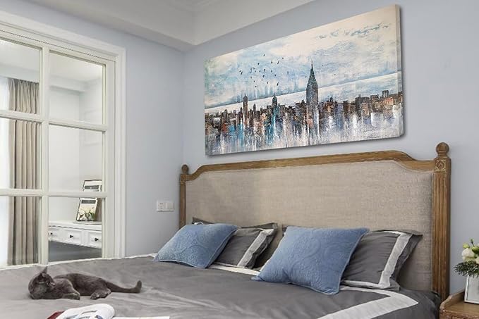 Arjun Cityscape Wall Art New York City Skyline Buildings Picture Modern Abstract Grey NYC Skyline Birds Painting Framed Artwork for Bedroom Living Room Bathroom Home Office Decor, Large Size 40"x20"-Ruum Studio Home