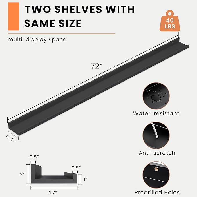Heimlove Picture Ledge Shelf, Floating Shelves Set of 2, 72 Inches Long Large Picture Shelf for Wall with Ledge, Kids Bookshelf Wall Mounted for Living Room Bedroom Decor Books Photo Frames, Black-Ruum Studio Home