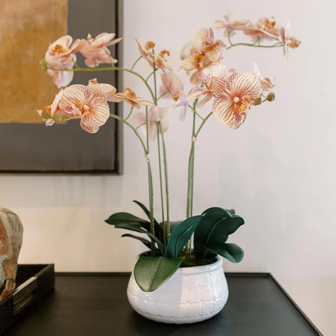 Faux Orange Orchid Plant, Premium Artificial Indoor Flower Display Stands 23”, Beautiful Sculptural Blooms That Lasts Forever, White Planter Pot Included-Ruum Studio Home