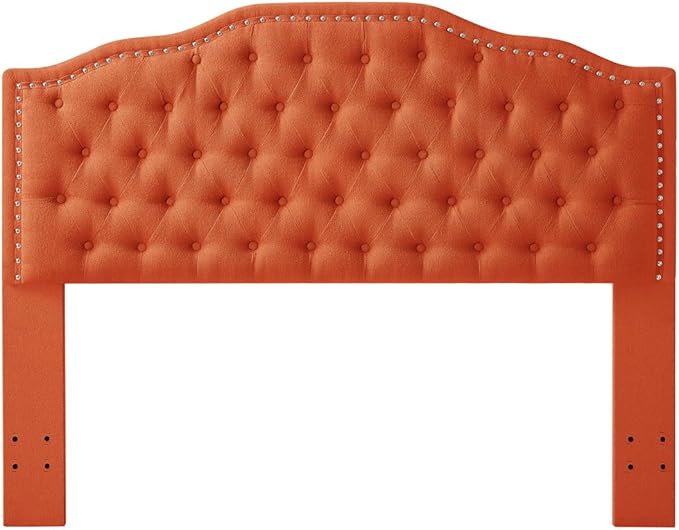 24KF Upholstered Button Tufted Queen Headboard with Nailhead Trim, Elegant Boucle Fabric Full headboard, 6031-Q-Boucle-Orange-Ruum Studio Home