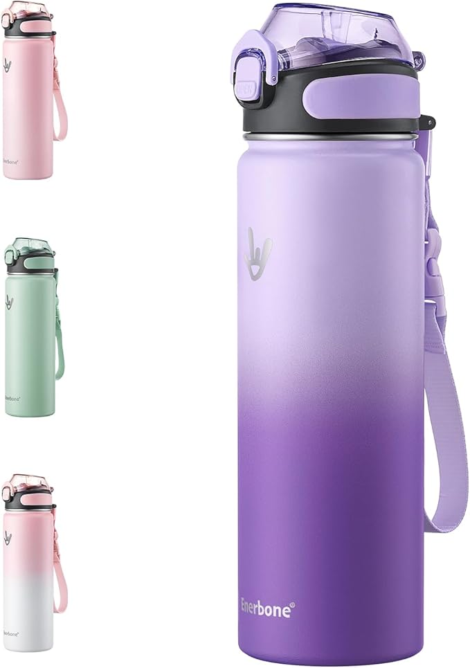 Enerbone 24 oz Insulated Water Bottle, Stainless Steel Bottle with Carrying Strap, Double-Wall Vacuum Insulation Design, Leakproof Sports Bottle with Straw, Keep Drinks Cold or Hot for Hours-Ruum Studio Home