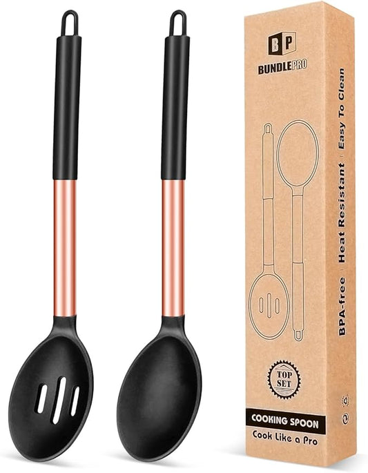 Pack of 2 Large Silicone Cooking Spoons,Non Stick Solid Basting Spoon,Heat-Resistant Kitchen Utensils for Mixing,Serving,Draining,Stirring (ROSE GOLD BLACK)-Ruum Studio Home